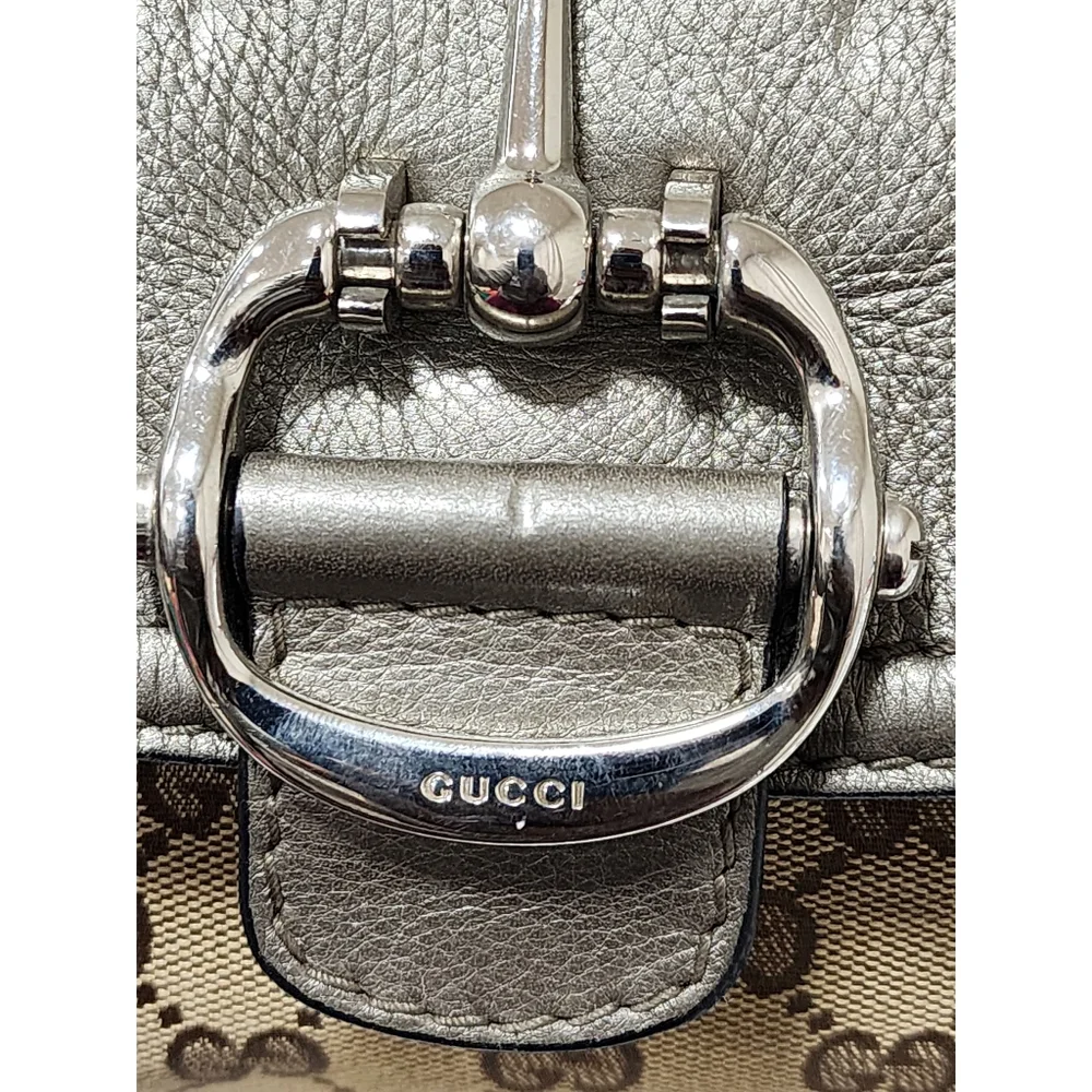 Gucci Medium GG Canvas Techno Horsebit Flap Hobo Bag Grey/Beige